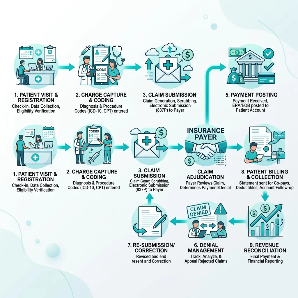 Medical billing workflow from registration through payment